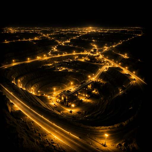 Gold line illustration of an aerial view of an open-pit mine
