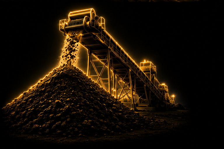 Gold line illustration of a conveyor pouring ore