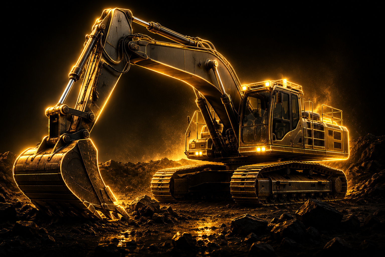 Gold line illustration of an excavator working at a mine