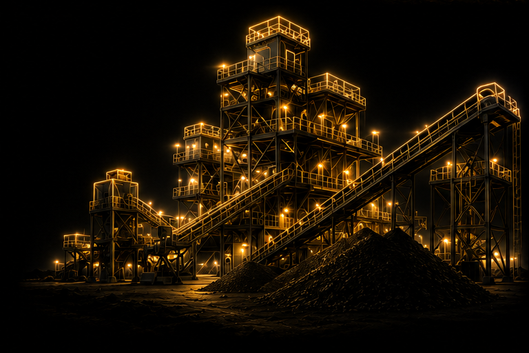 Gold line illustration of a mineral processing plant