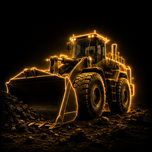 Gold line illustration of a wheel loader at a mine site